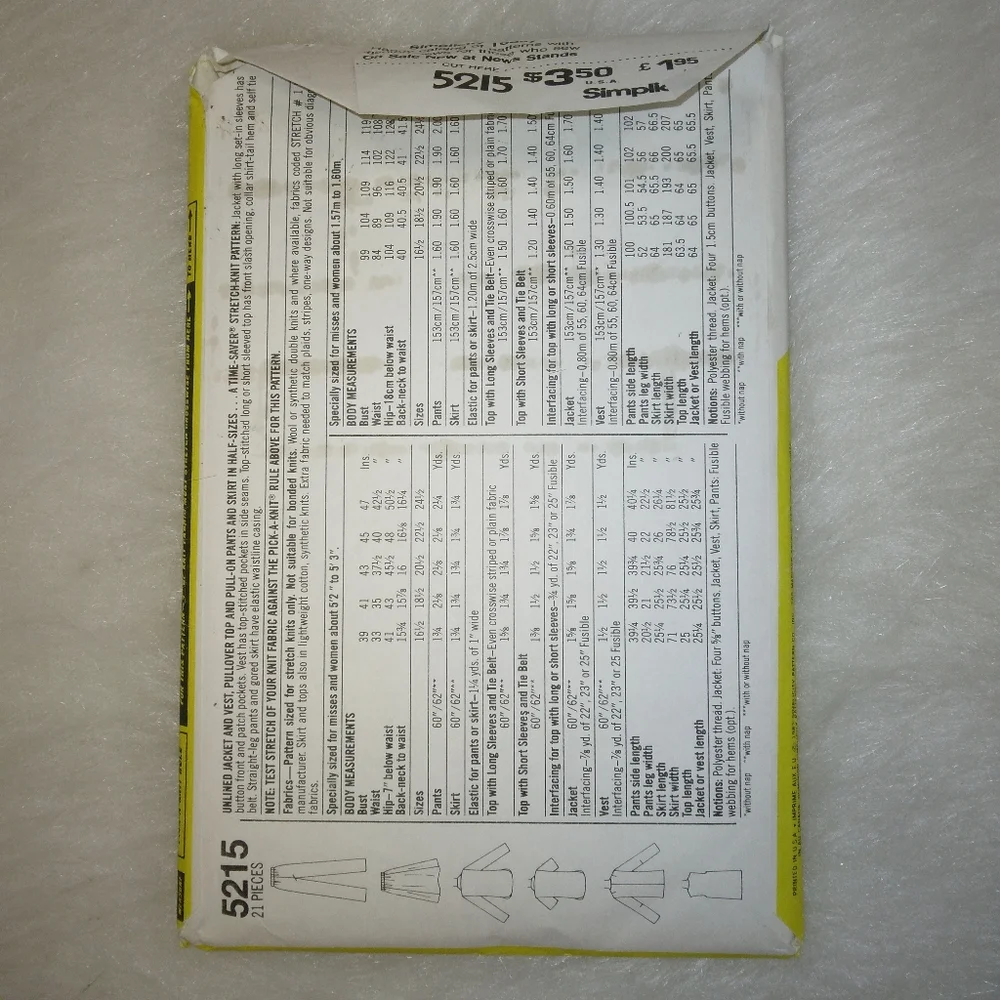 VINTAGE SIMPLICITY 5215 Sz 20.5, 22.5, 24.5 Unlined jacket vest top pants
